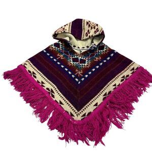 Boho Fringe Hooded Poncho Multicolor Aztec Kids One Size Winter